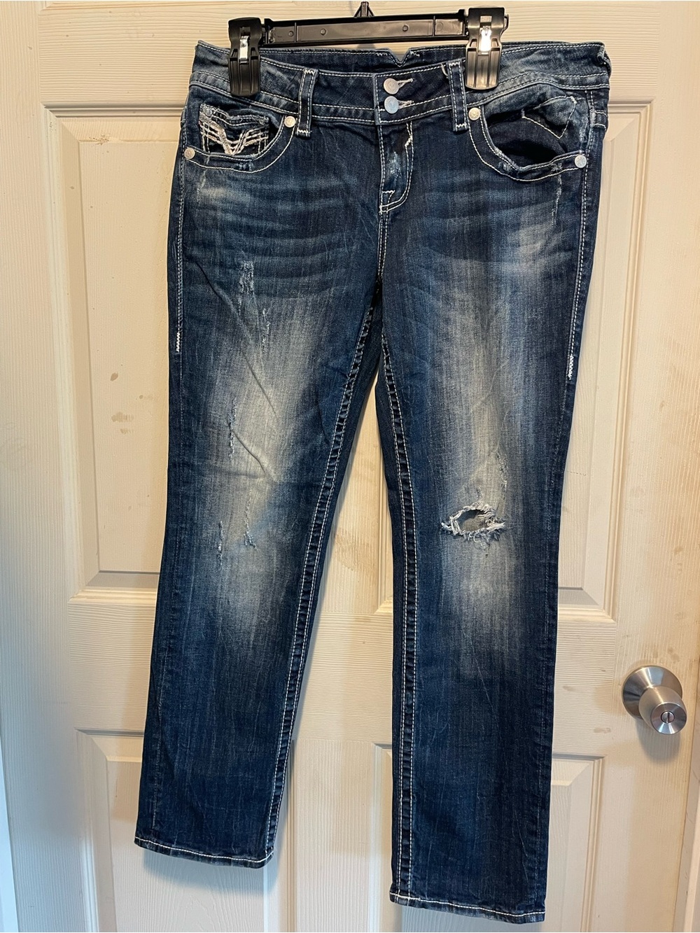 Vigoss Women's Distressed Dark Blue Straight Leg Jeans